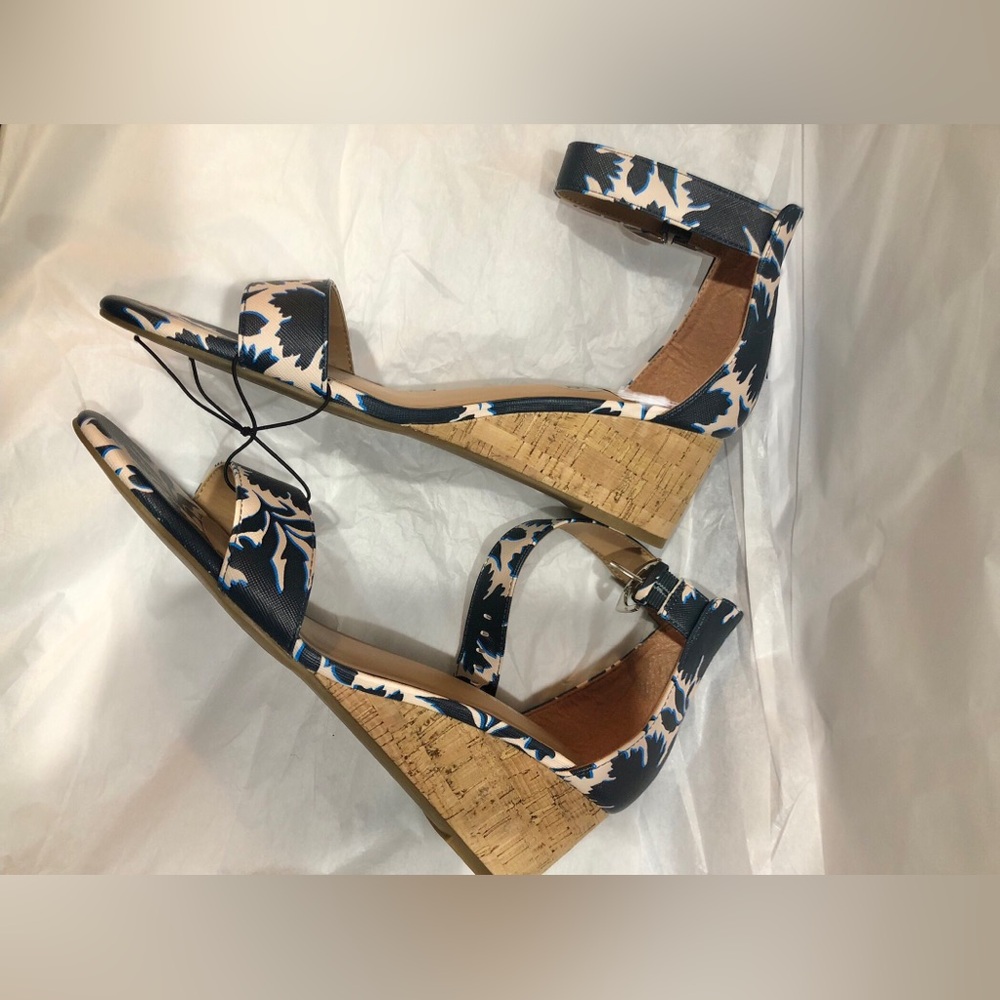 Aerosoles navy blue and cream floral ankle strap open toe cork wedge size 11 new - Picture 8 of 15
